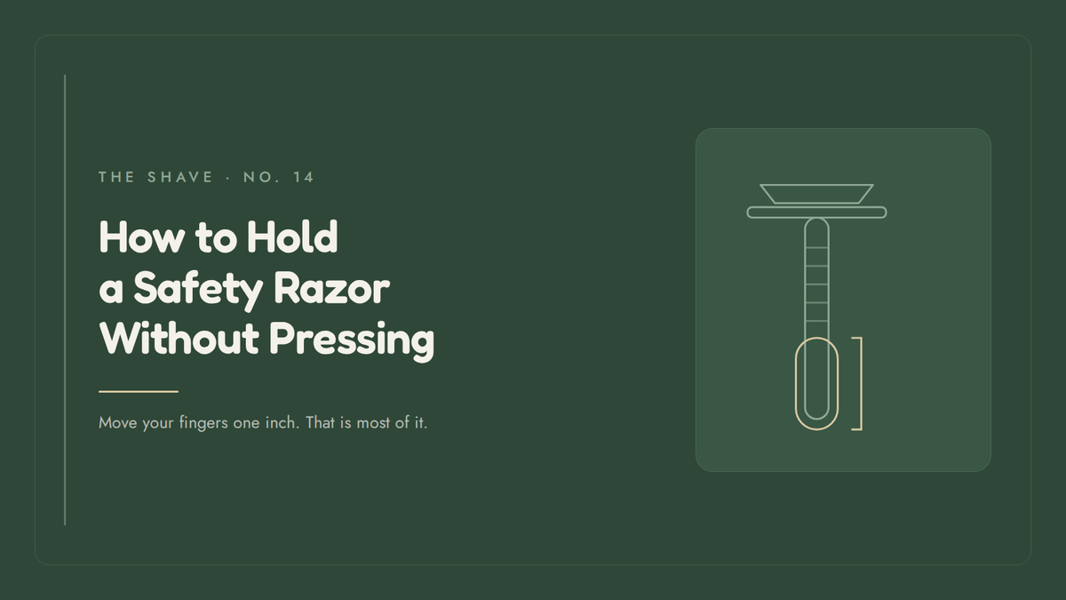 HONE article banner: an outline of a double edge razor with the lower end of the handle circled, showing where to hold it.