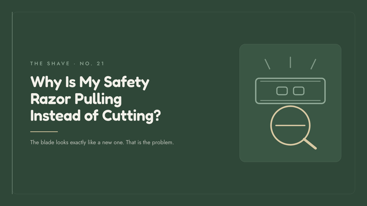 HONE article banner: an outline of a double edge razor blade held up to the light with a magnifier over its cutting edge, showing a perfectly straight edge and nothing visibly wrong. Image