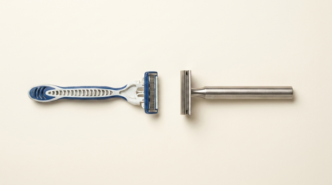 A worn plastic multi-blade cartridge razor next to a matte stainless steel HONE single blade safety razor, laid flat side by side on a plain background Image