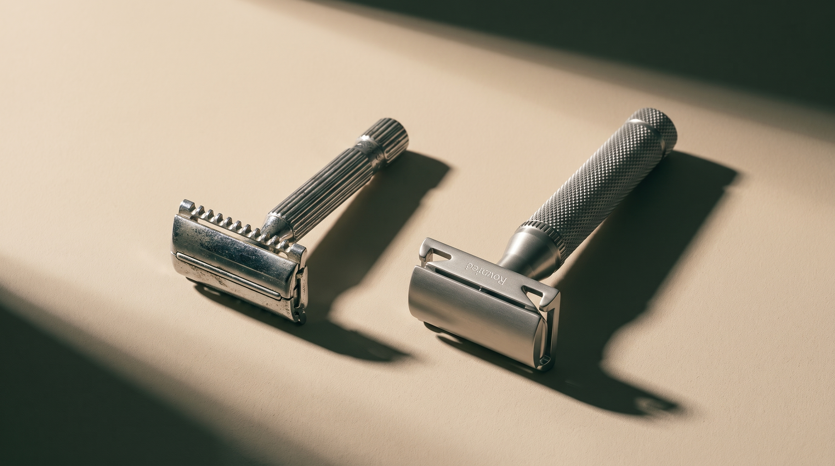 A classic chrome three-piece double-edge safety razor lying beside a brushed stainless HONE Plus safety razor, photographed from above on a sand-colored surface.