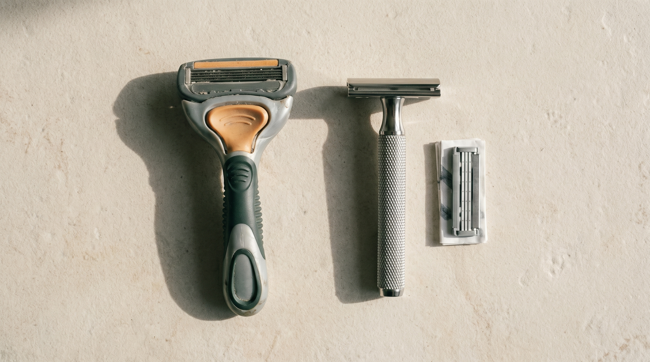 A bulky plastic multi-blade shaving handle laid beside a stainless steel three-piece safety razor and a small stack of double edge blades, photographed from above on a pale stone surface. Image