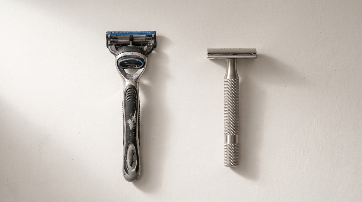 A used multi-blade cartridge razor next to a HONE Plus single-blade safety razor, laid side by side on a pale surface Image
