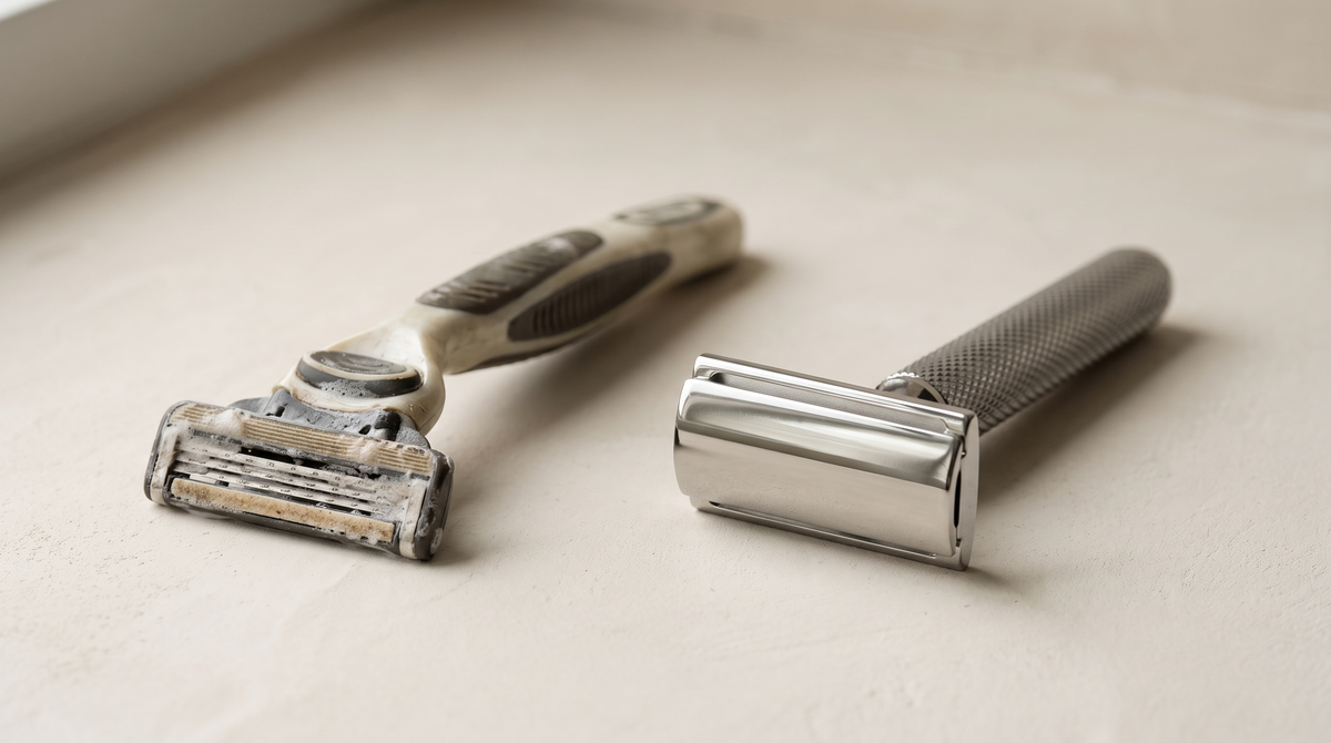 A worn plastic multi-blade cartridge razor beside a stainless steel HONE Plus safety razor on a pale plaster surface Image