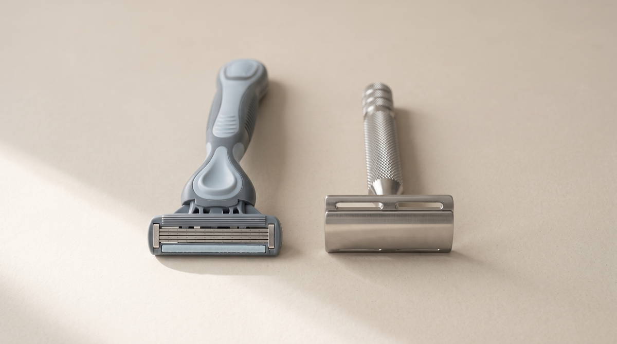 A plastic multi-blade cartridge razor head beside a stainless steel HONE single-blade safety razor on a pale ceramic surface. Image