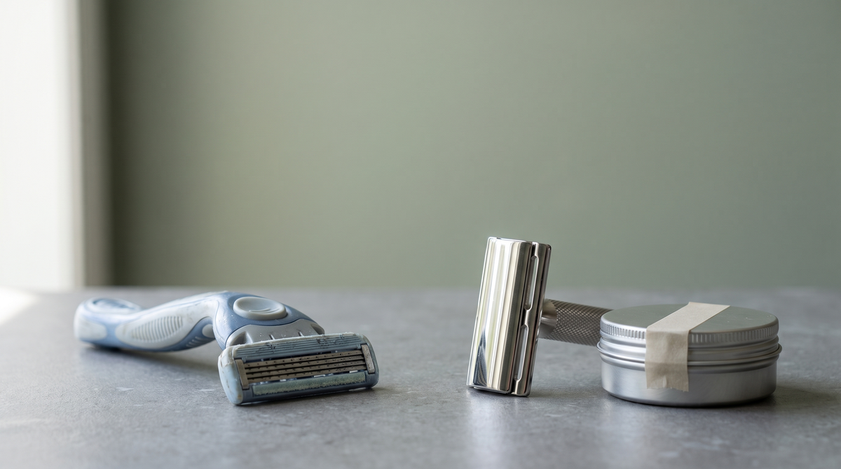 A used plastic cartridge razor head beside a HONE stainless steel safety razor and a taped steel tin for used blades Image