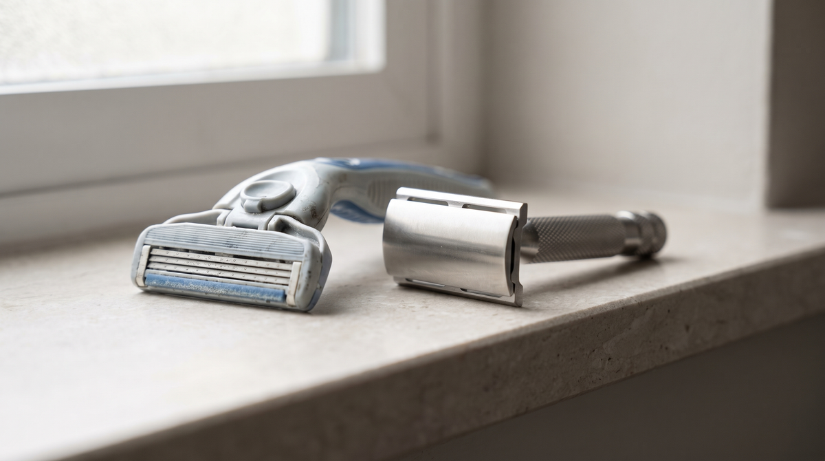 A worn plastic multi-blade cartridge head beside a stainless steel HONE PLUS safety razor on a pale stone shelf. Image